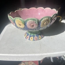 Antique Majolica Multi Color Daisy Compote, Circa 1880s,  5” X 9”