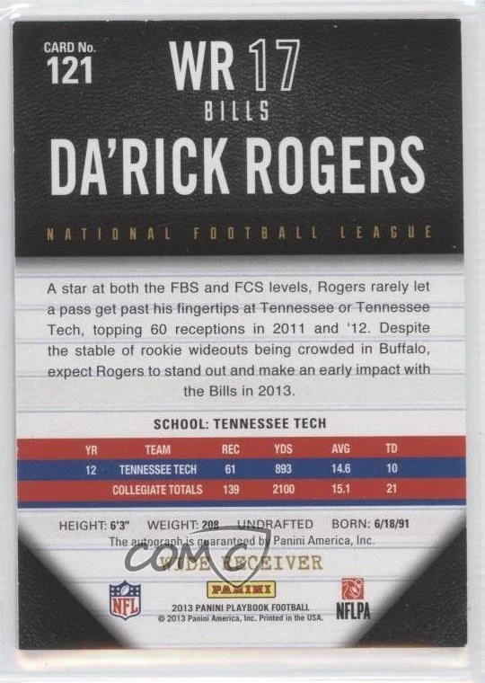 2013 Panini Playbook Signatures Blue /49 Da'Rick Rogers #121 Rookie Auto RC - Image 2 of 2