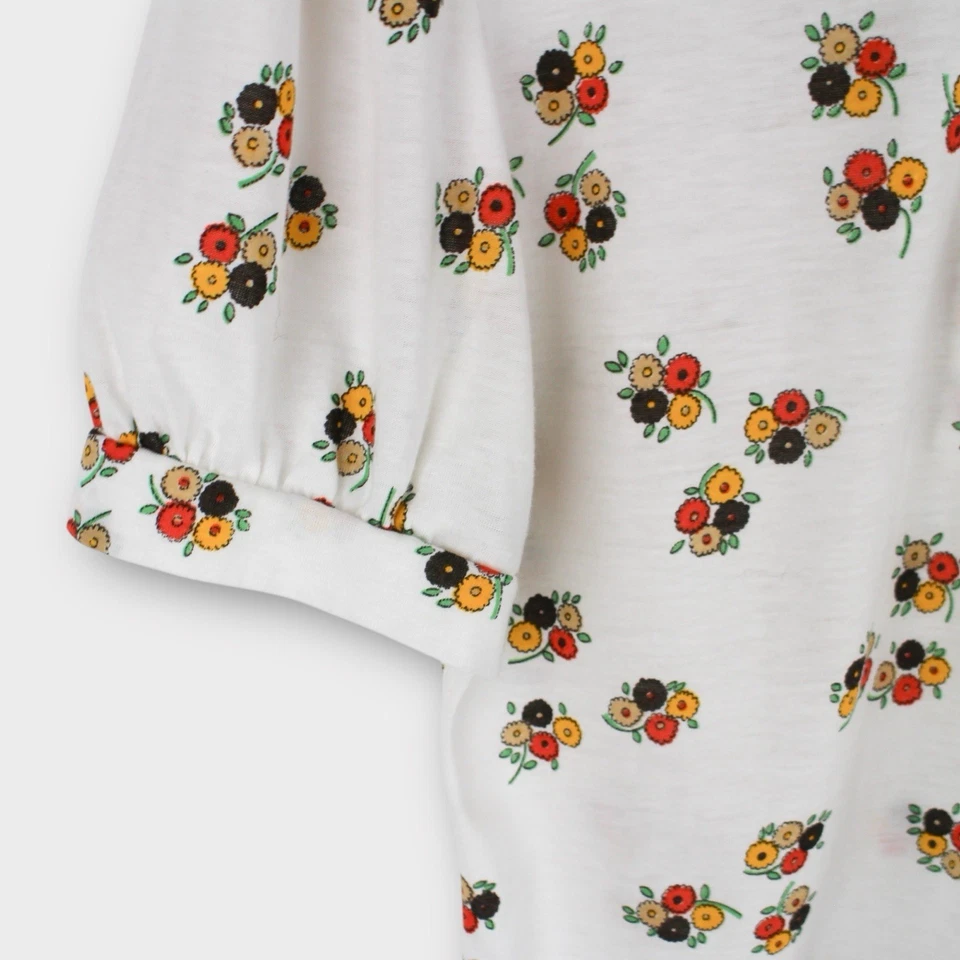 Blusa vintage años 70 floral manga abullonada para mujer S blanca estampado de flores cuello discoteca Foto 4 de 4