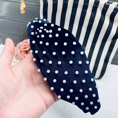 Lele Sadoughi x J.Crew Pearl Navy Velvet Headband | eBay display picture 1