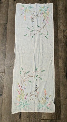 Vintage Table Runner Embroidered Deer Forest Handmade Cotton - Picture 6 of 6