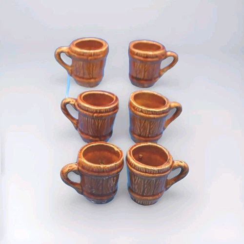 6 Vintage Barware Ceramic Barrel Shot Glasses Miniature Rustic Beer Steins Brown