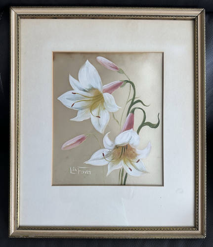 La Fovet (französisch, 1940er) botanische Blumenlilienmalerei auf Seide 20"x17" signiert - Bild 3 von 12