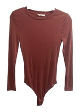 ELODIE Women's Long Sleeve Sz Medium Mauve Bodysuit Ribbed T Shirts Jumpsuit wit