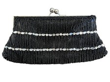 Vintage Beaded Purse Black Sliver Bag Handmade Seed Clutch Kiss Moni Couture