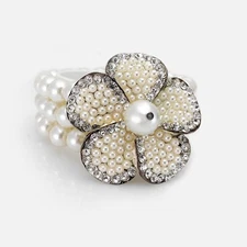 Faux-Pearl Triple Strand Expandable Bracelet with Camellia Detail Unsigned