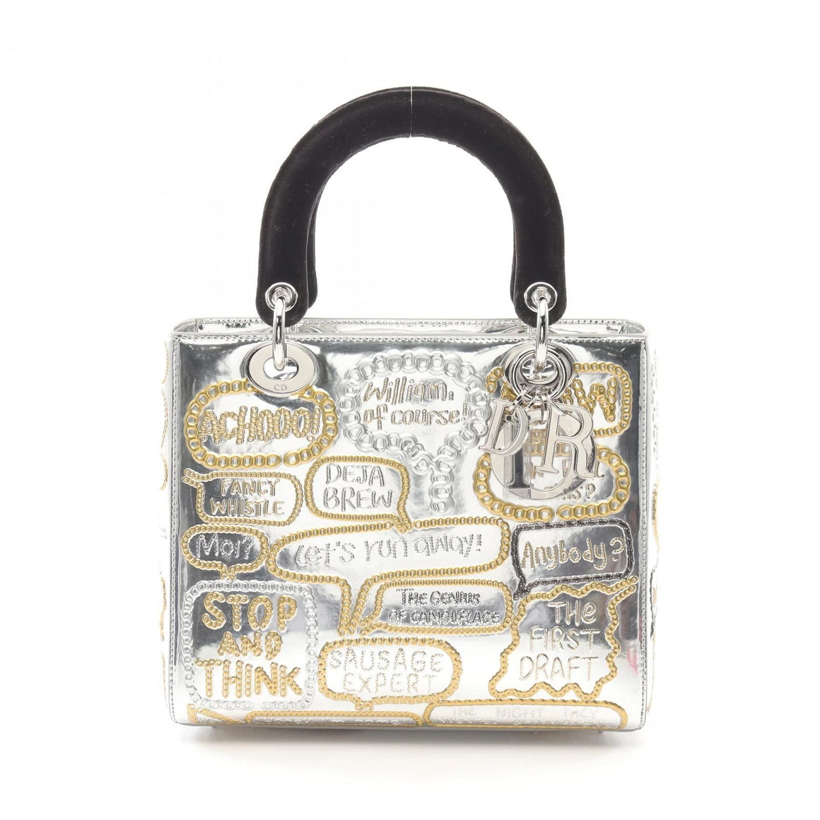 Sac à main Christian Dior LADY DIOR tissu cuir verni argent noir or occasion