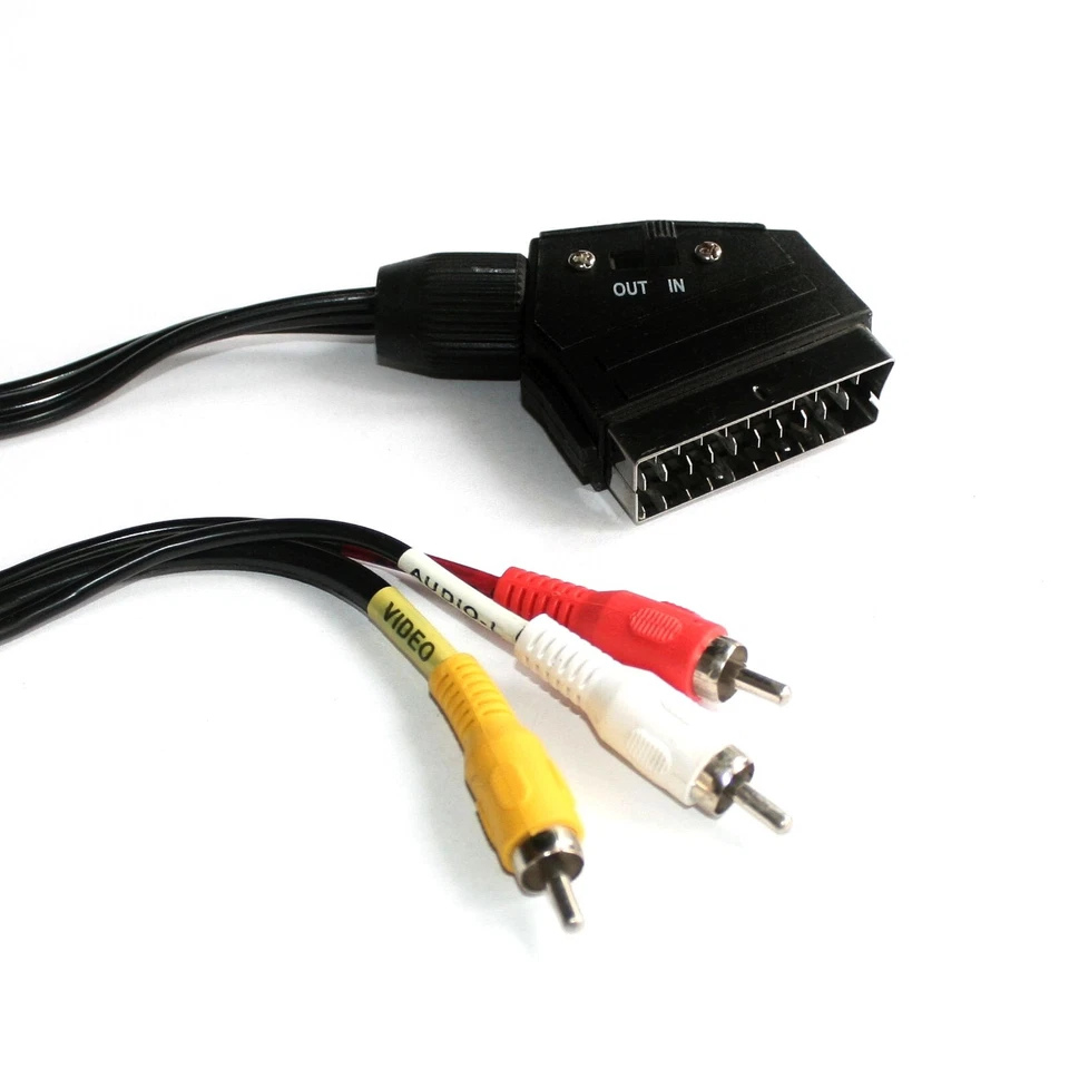 2m Scart-Cinch-Adapter-Kabel 3x Cinch-Stecker In-Out Schalter TV-AV-Video RCA - Bild 1 von 1