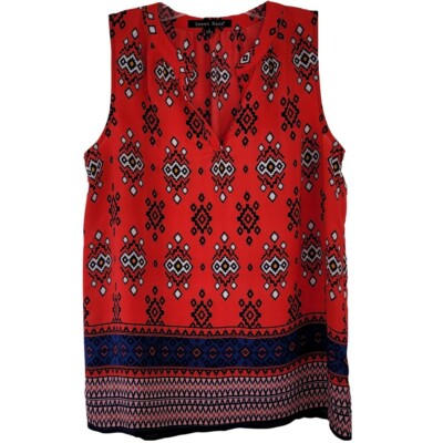 Sweet Rain Women Small Red White Blue Geometric V Neck Sheer Sleeveless Tank Top