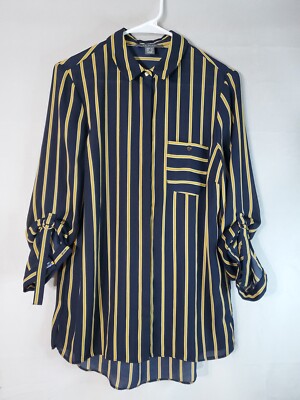 Primark Button Up Shirt Women's Size 8 Striped sheer roll tab sleeve