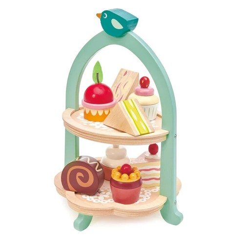 Tender Leaf Toy Wooden Birdie Afternoon Tea Stand with Cakes slight