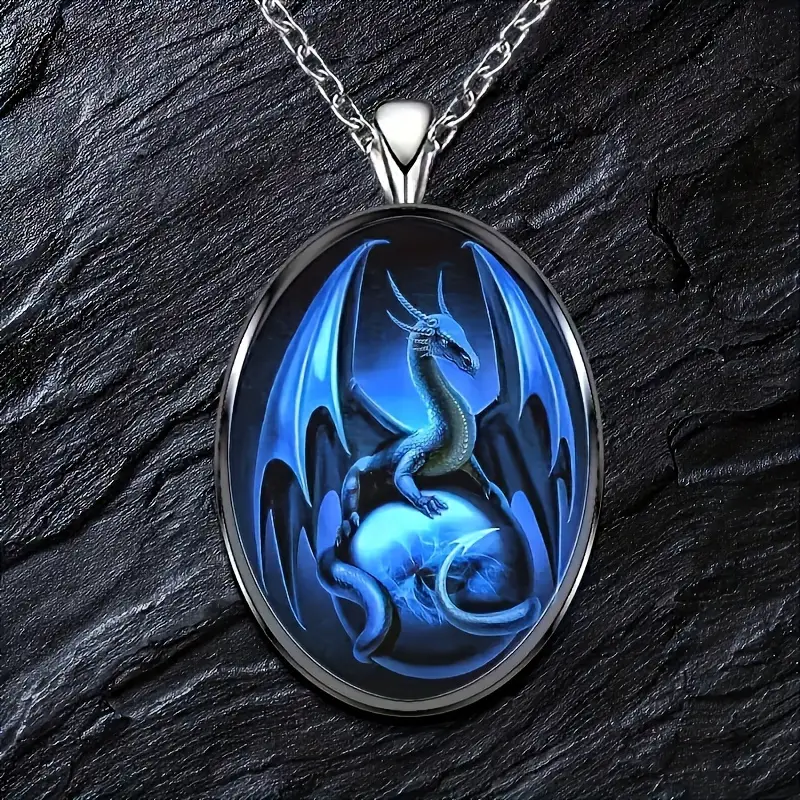 Dragon Blue Oval Jewelry Vintage Silvery Magical Gothic Pendant Necklace