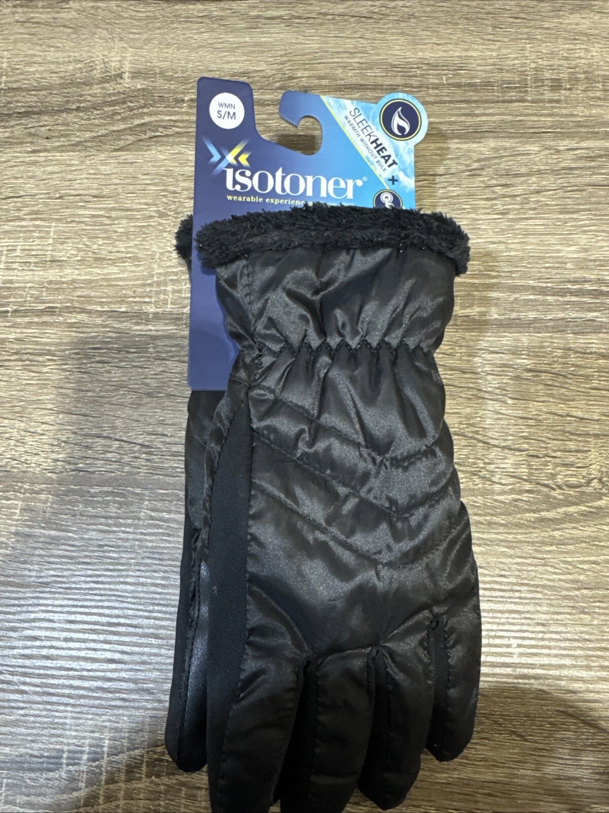ISOTONER SLEEK HEAT GLOVES S/M SMARTDRI & TOUCHSCREEN BLACK W/FAUX FUR CUFF