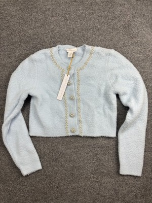 House Of Harlow 1960 Cardigan Sweater Womens Medium Blue Beaded Button Cropped