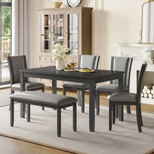 6 Piece Dining Table Set Wooden Dining Table w/ 4 PU Upholstered Chair & Bench