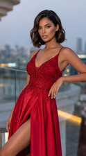 Long Red Satin Beaded Lace Applique High Slit Prom Dress Size 0 Formal Gown
