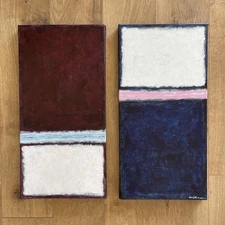 Pair Set 2 Original Modern Abstract Paintings signed Diptychs each 10x20"