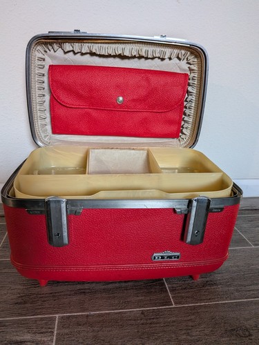 Vintage American Tourister Train Red Beauty Luggage with Mirror, Tray, & 2 Keys