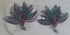 Set of 2 Clip-On Peacock / Glitter  Rhinestone Christmas Ornaments Purple/Teal