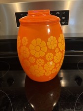 vintage bartlett collins cookie jar retro orange and yellow flowers