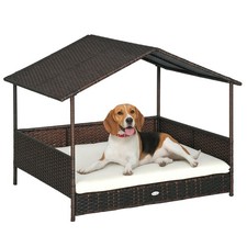 Outdoor Wicker Dog House Dog Bed W/ Canopy Cushion, Cream White