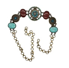 Concha Belt Gold tone orange stones turquoise cabochons - 41" Long