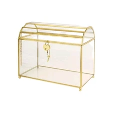 Gold Glass Card Box With Slot + Heart Lock Large Clear Wedding Gift Display 