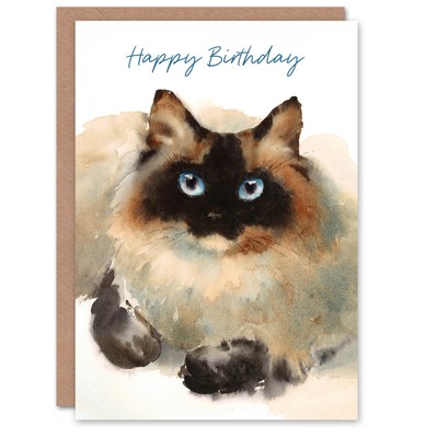 Happy Birthday süße Stoffpuppe Katze Aquarell Geburtstagskarte