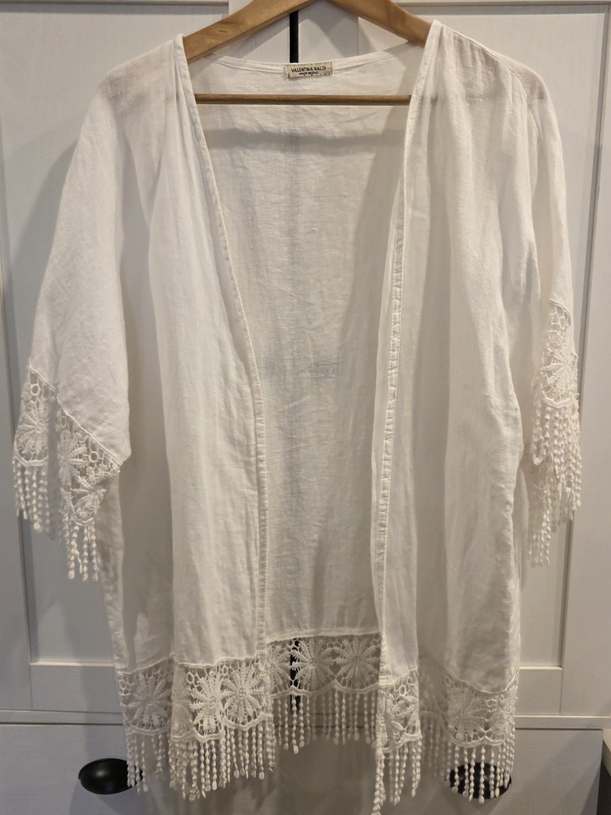Valentina Naldi Italy Linen Boho Kimono Duster Crochet Fringe White One Size