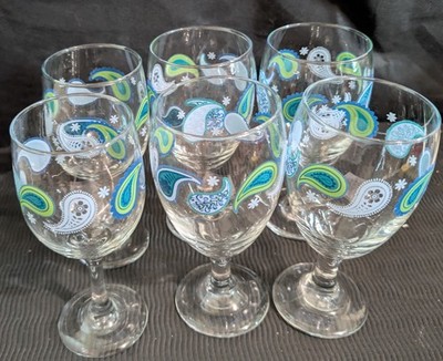 Set of 6 Libbey Crisa Blue Paisley Stemmed Wine Glasses  2 Sizes