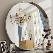 Easly 32 Inch Silver Round Bathroom Mirror - Wall Mounted Circle Mirror with ...