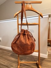 Vintage Hand Tooled Leather Bucket Bag Brown Boho Tassel Drawstring