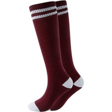 Kids Knee High Socks School Uniform Sport Stripe Cuff Burgundy White 6-10YR