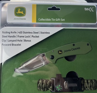 John Deere TecX Tin Set Folding Knife 420 Stainless Steel And Paracord Bracelet 
