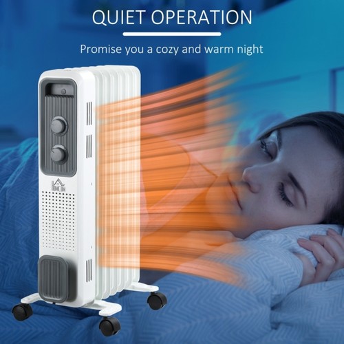 1500W Oil Filled Radiator 7 Fin Portable Heater 3 Heat Settings Wheels White NEW