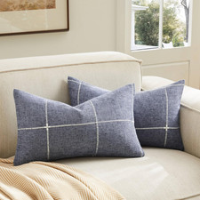 2 Packs Grid Embroidery Lumbar Pillow Covers 12x20in Navy Blue  Farmhouse Linen