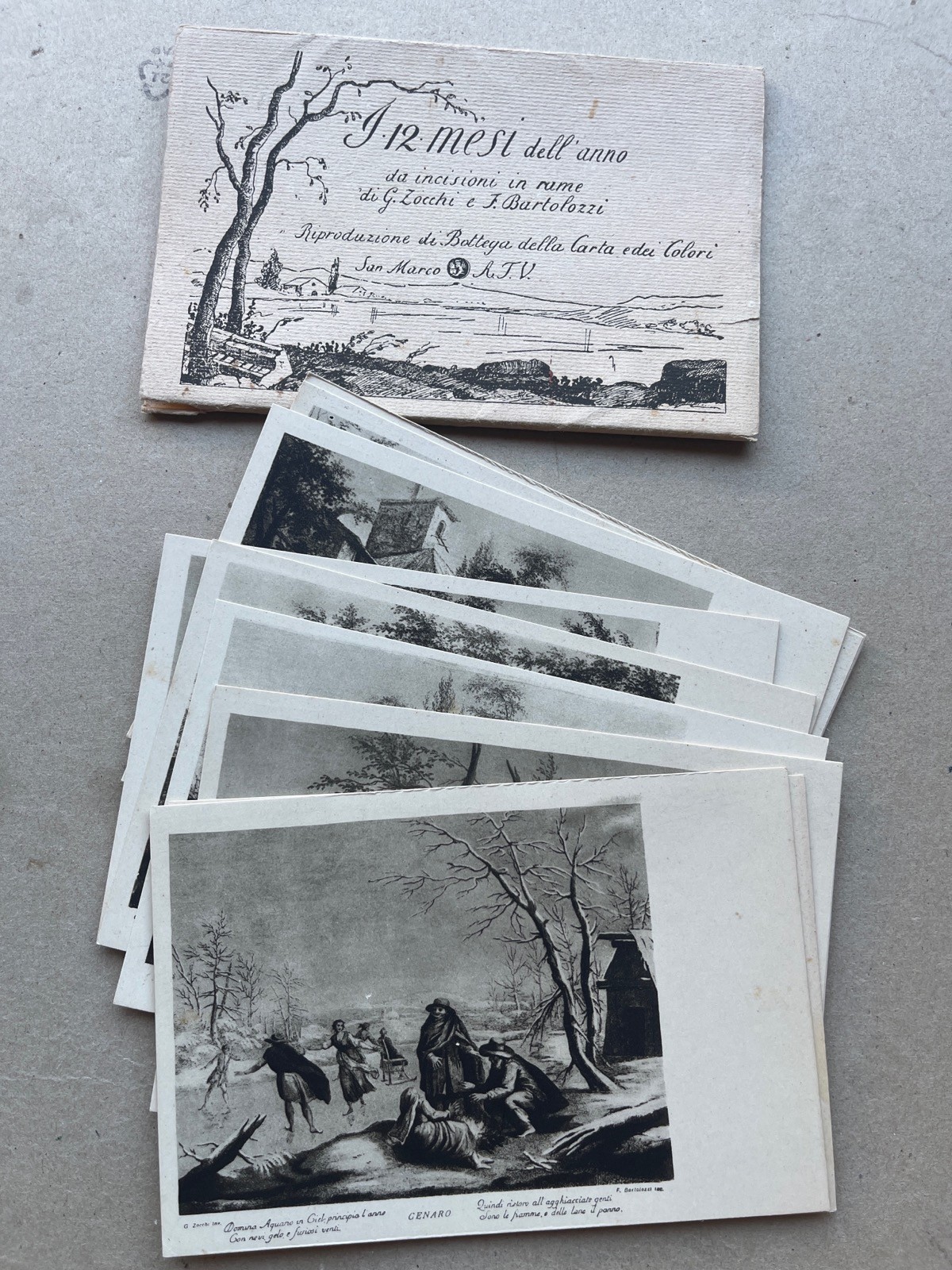 S) n. 12 Cartolina formato piccolo + pochette Mesi dell'Anno Venezia Zocchi Bart
