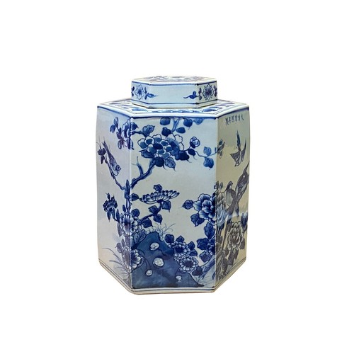 Chinese Blue & White Porcelain Flower Birds Scenery Hexagon Jar Container ws2730