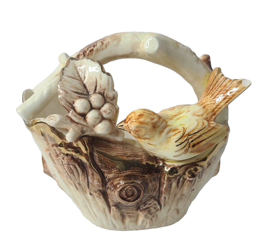 Vintage Ucagco Japan Porcelain 3D Yellow Bird Basket Shaped Candy