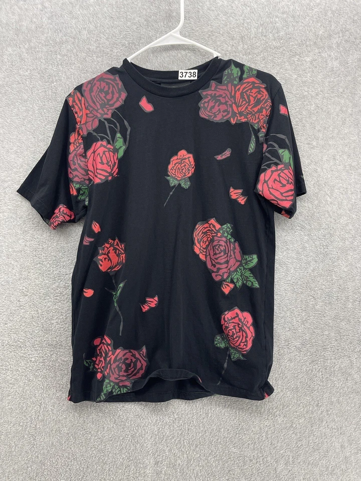Camisa masculina gola redonda manga curta preta vermelha rosas algodão pequena escala preta - Imagem 3 de 4