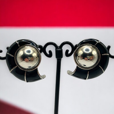 Black Half Shell Inlay  Metal Silver-Tone Dome Earrings!