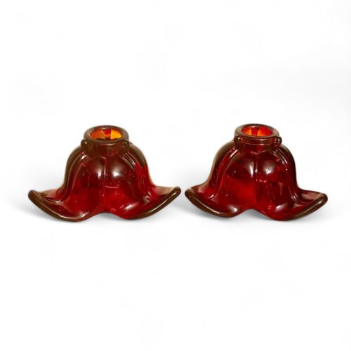Duncan & Miller Ruby Red #71 American Way Leaf Candle Holders Set of 2 Exc Cond - Picture 3 of 5