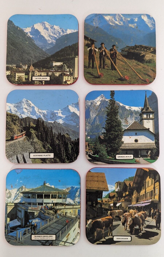Lot of 6 Vintage Switzerland Cork Back Coasters Berner Oberland Interlaken More