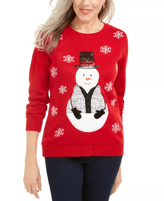 Karen Scott Sequined Snowflake Snowman Holiday Christmas Sweater Red
