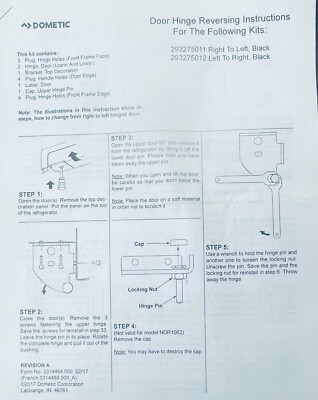 DOMETIC 293275011 RV REFRIGERATOR DOOR HINGE REVERSING KIT DM2662