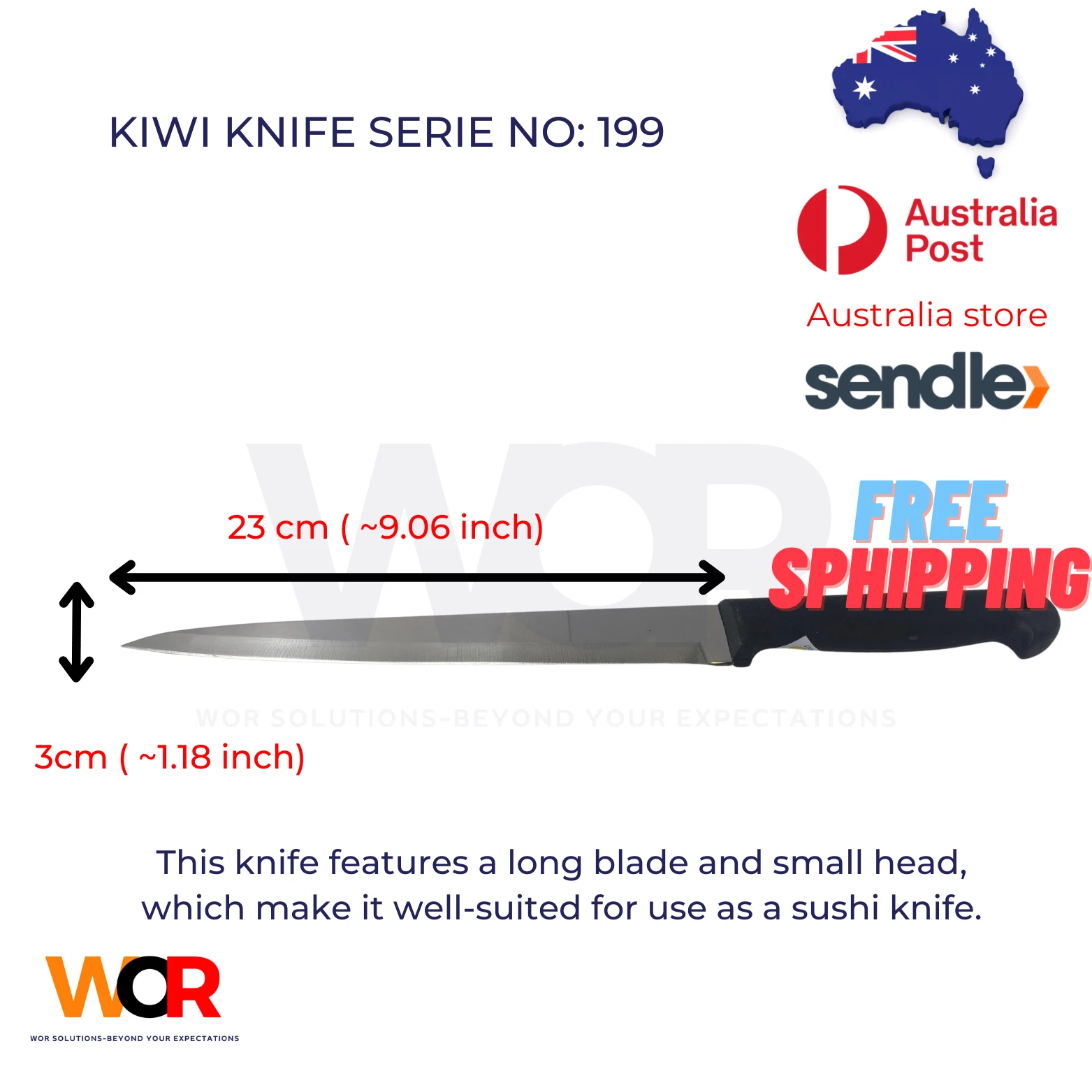 CHEF KNIFE / 9 INCH BLADE / PLASTIC HANDLE / SUSHI CUTTER /KIWI KNIFE SERIE: 199