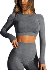 Workout Set Size Large Women Gray Seamless High Waisted Leggings Crop Shirt New
