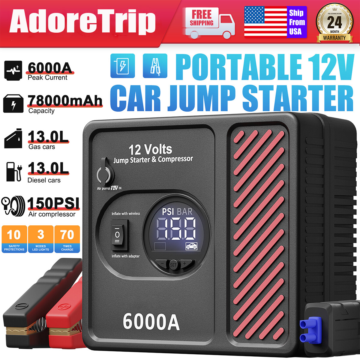 AdoreTrip 78000mAh Jump Starter with Air Compressor and Power Bank-image