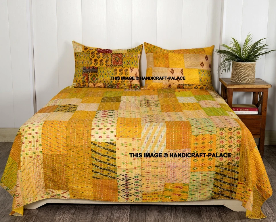 Yellow Silk Bedspread Kantha Quilt Reversible Silk Patchwork King Throw Decor - Image 2 of 4