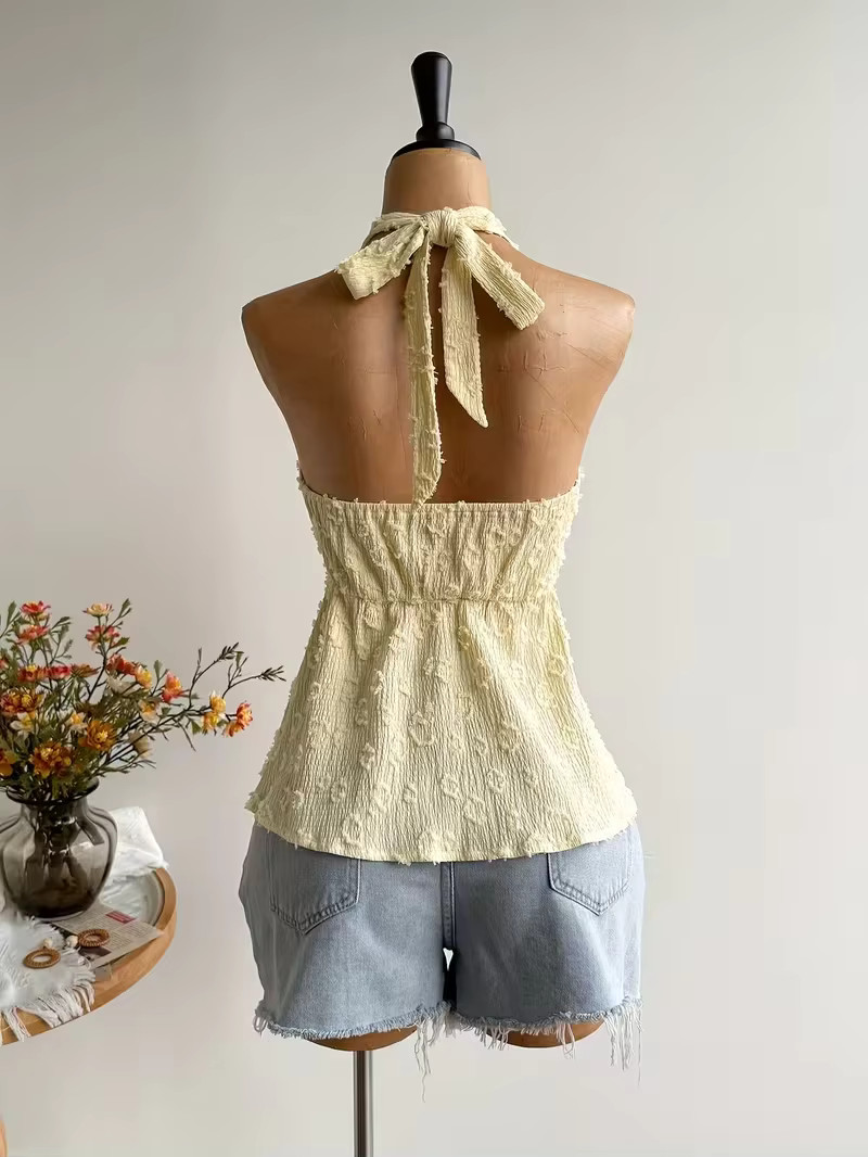 【yo BIOTOP】lace sleeveless top Yellow Halter Lace Top Y2K Boho Backless Summer Tank Women